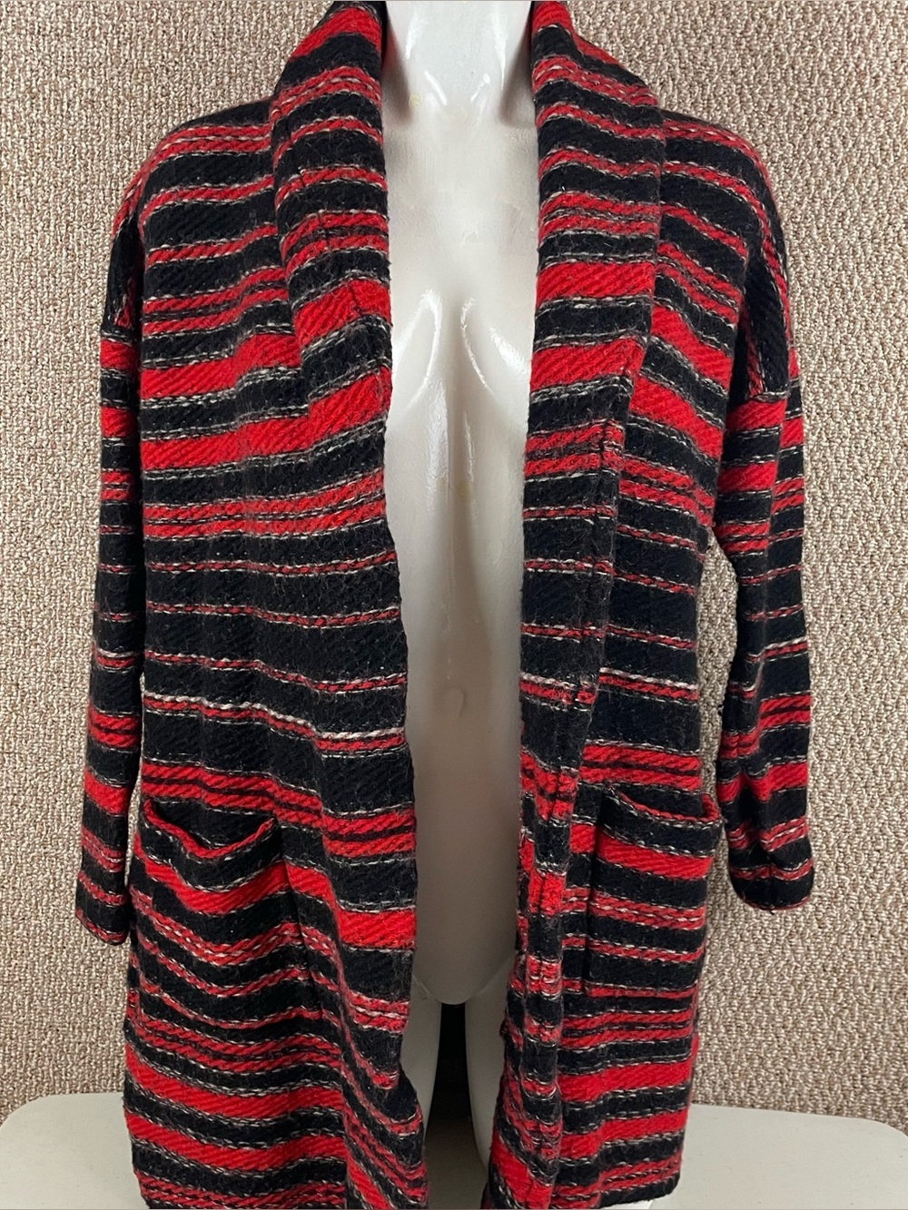 Ralph Lauren Long Cardigan Women’s Large Red Black Striped Wool Western Open R2